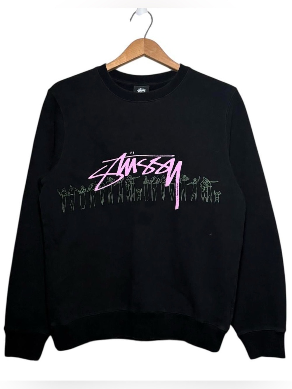 Stussy People Stripe Logo Surf Wear Crewneck Sweatshirt Black